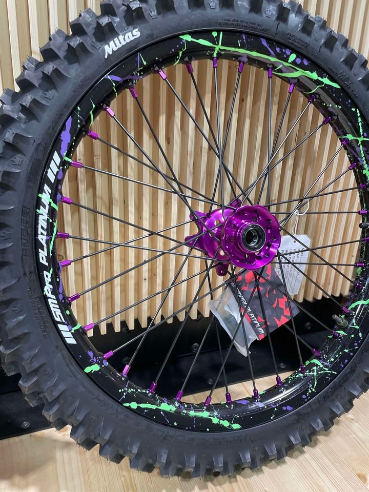 SM PRO ULTRA BEE WHEEL SET 21/18″ SPLATTERKOTE GREEN/PURPLE COMBO