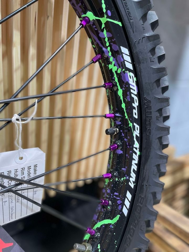 SM PRO ULTRA BEE WHEEL SET 21/18″ SPLATTERKOTE GREEN/PURPLE COMBO