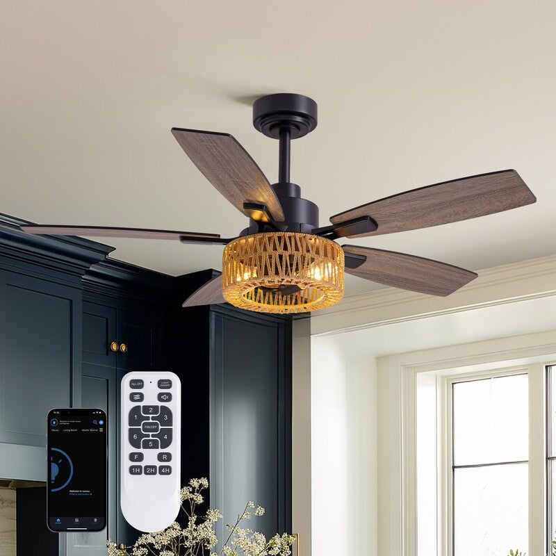 46 Inch Boho Black Rattan Ceiling Fans With Lights And Remote Control Farmhouse Caged Rattan Ceiling Fan For Dining Room