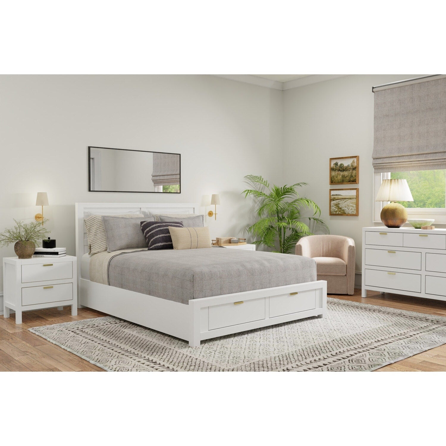 46 In.H White Wood Frame Queen Size Panel Bed With Microfiber Upholstery Material And Bed Frame Mounted