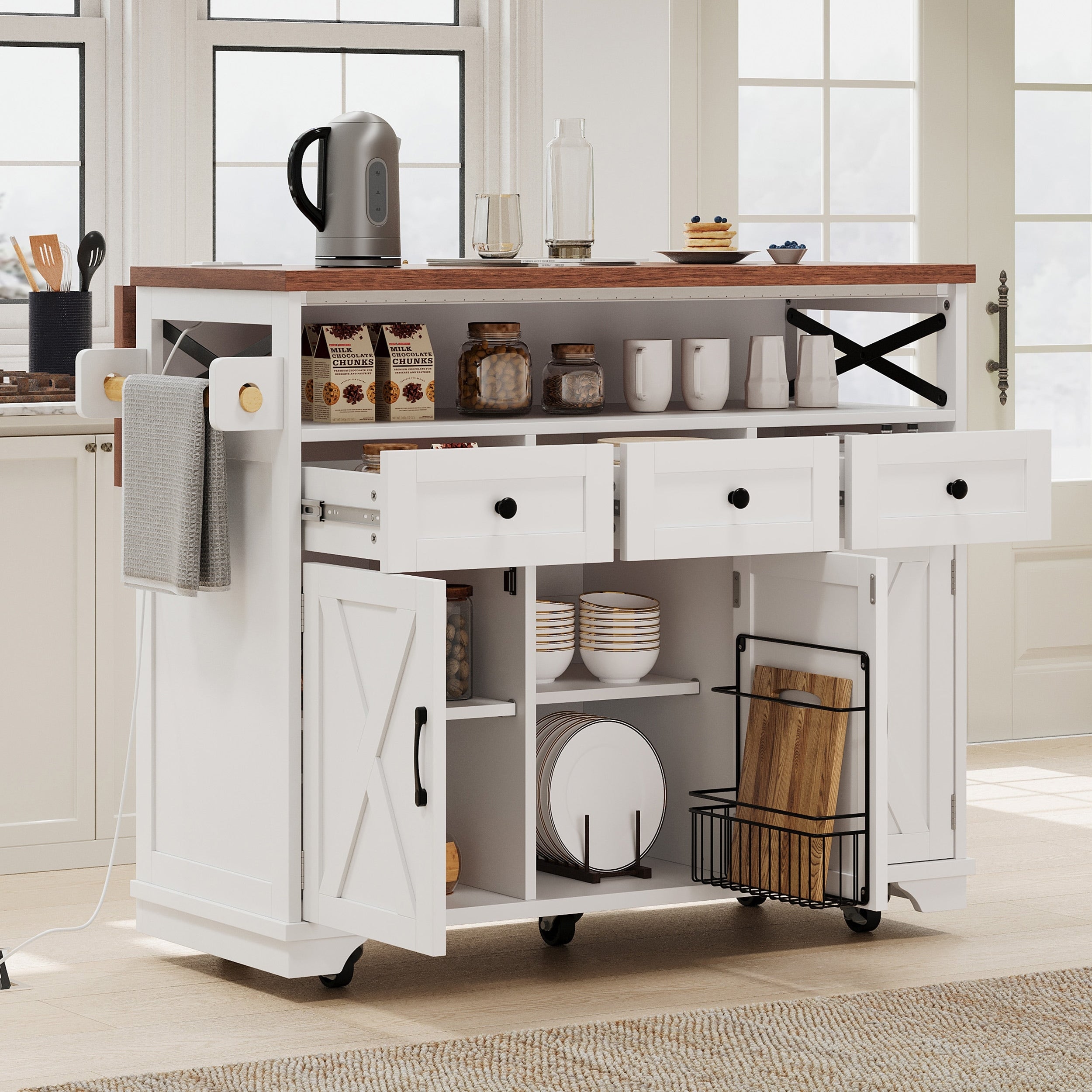 46.5 Farmhouse Kitchen Island With Drop Leaf Drape Of Beads Power Outlet 3 Drawers Internal Iron Shelf