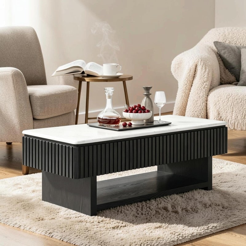 46.5 Fluted Lift Top Coffee Table With Marble Pattern Top