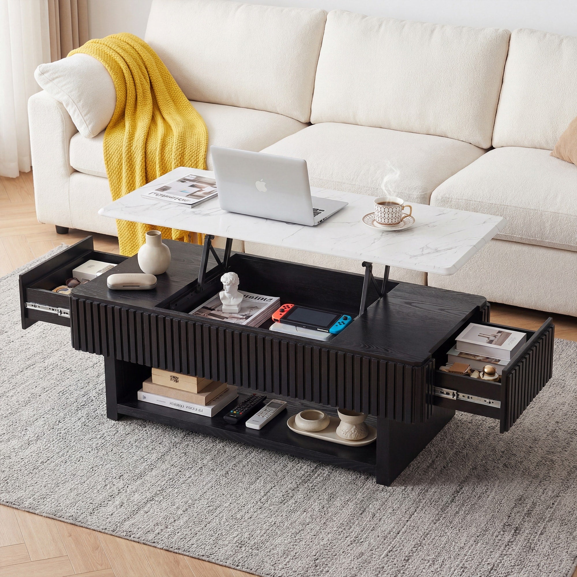 46.5 Rectangle Lift Top Coffee Table Drawer Hidden Storage Modern Fluted Table Marble Pattern Top Solid Wood Strips