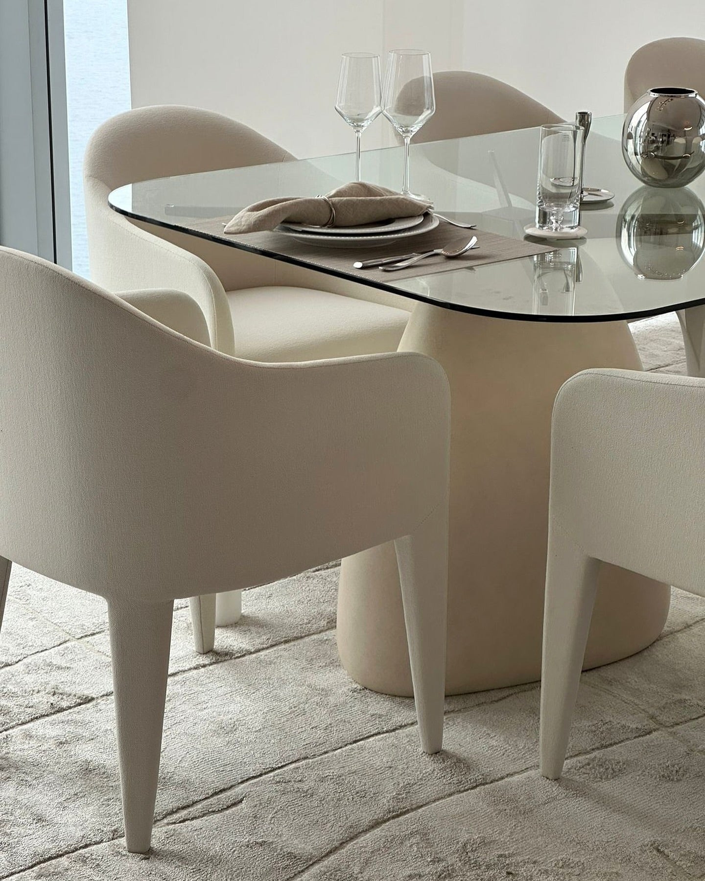 Stone 47in Round White Concrete Dining Table with Glass Top