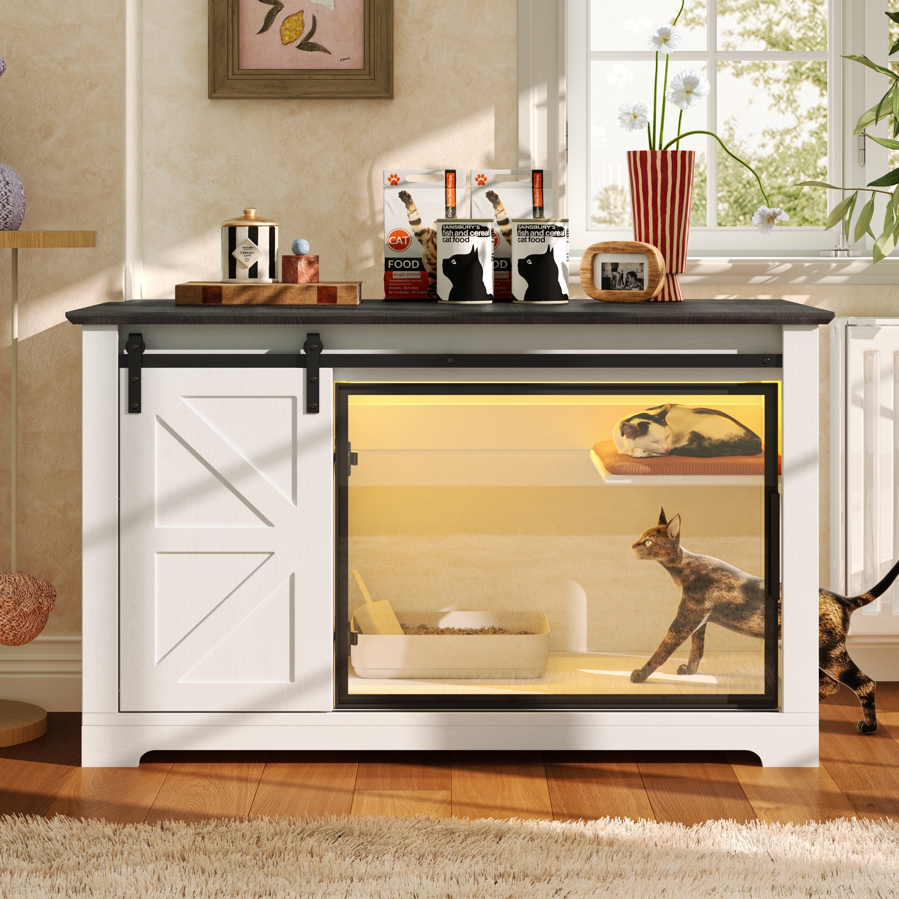 46 Farmhouse Cat Litter Box Enclosure With Sliding Barn Door Large Hidden Acrylic Door Cat Cabienet With Led Light