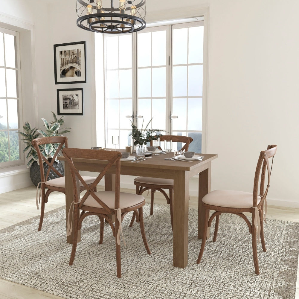 46 X 30 Farm Table Set With 4 Cross Back Chairs And Cushions