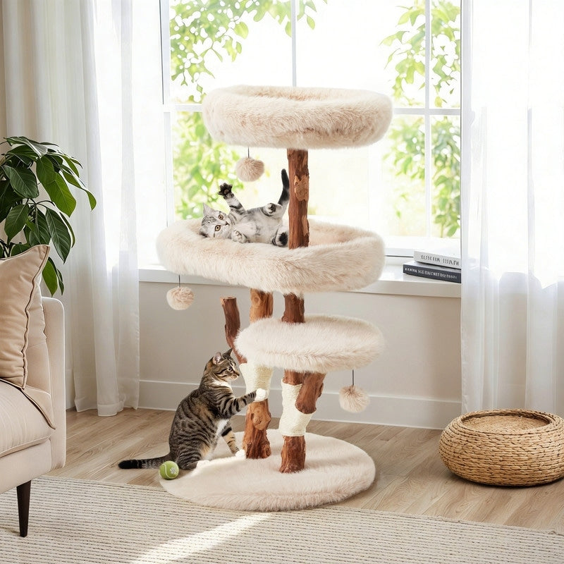 46 H Wood Cat Tree Tower With Scratching Posts Modern Cat Furniture For Indoor Cats