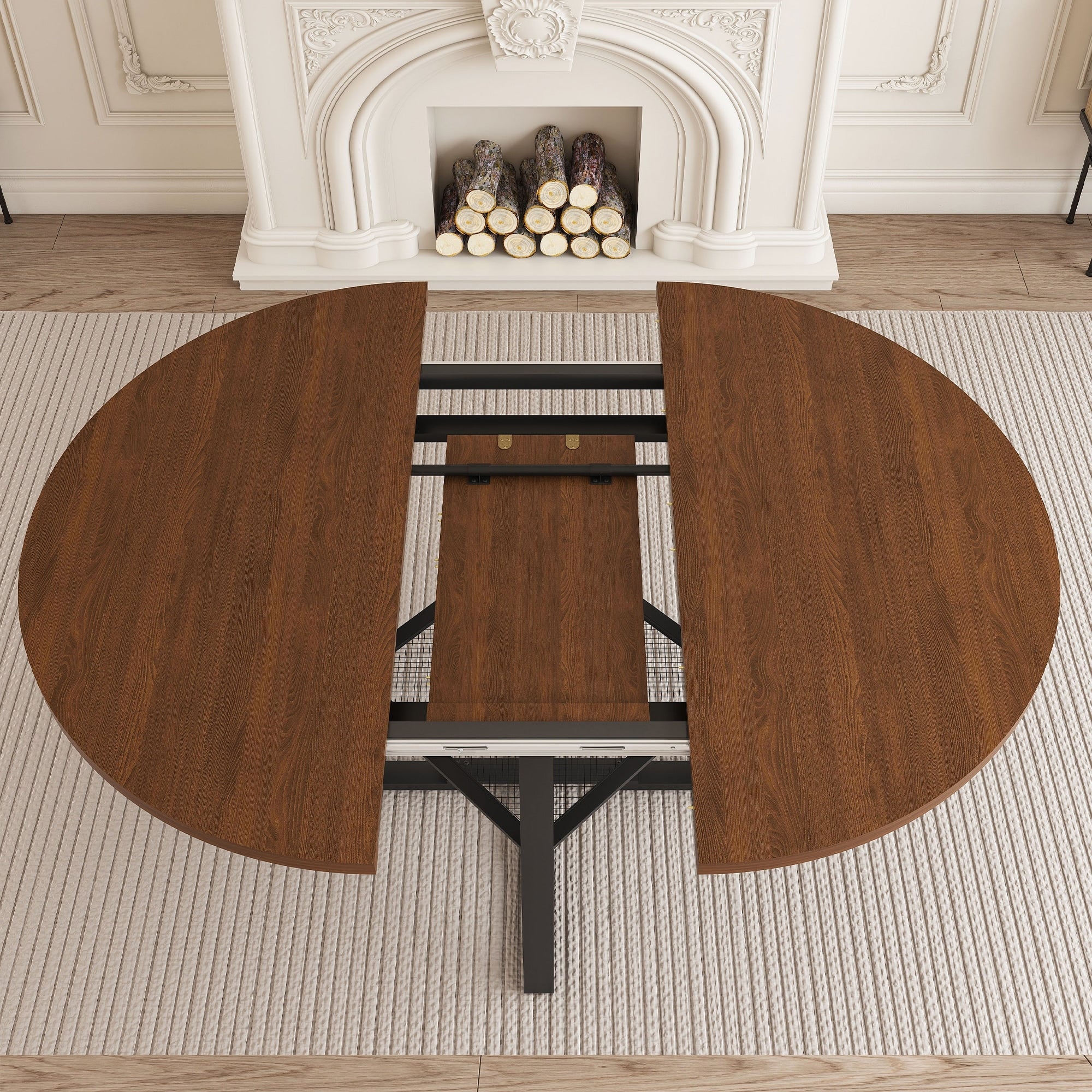 47 Inch Extendable Round Dining Table For 4 8 With Storage Walnut Finish Circle Dining Table With Metal Frame