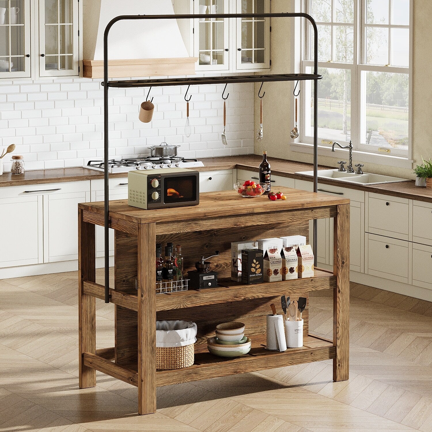 47 Inch Farmhouse Solid Wood Kitchen Island With Storage And 5 Hooks 23.62 D X 47.24 W X 70.08 H