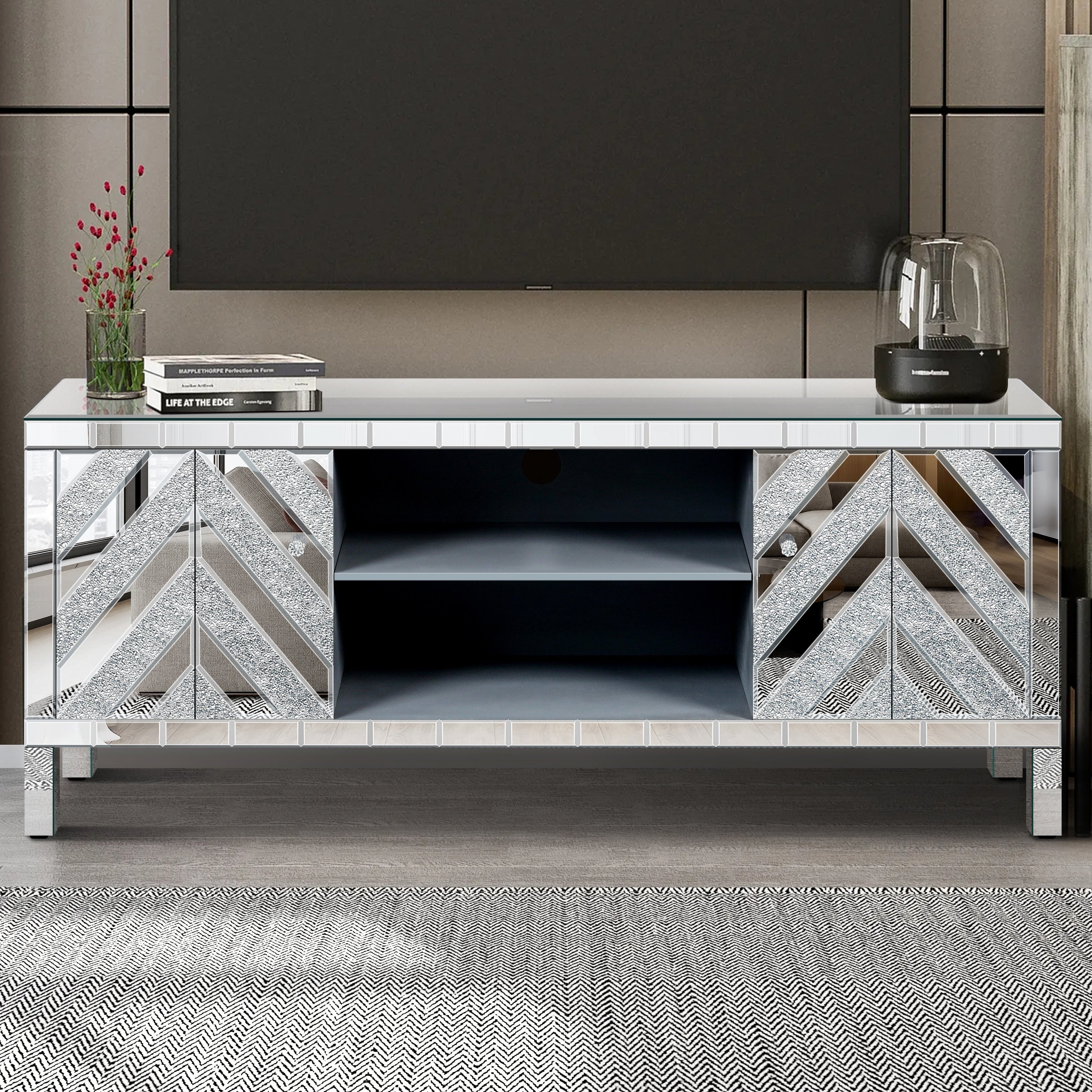 47 Inch Mirror Tv Media Console With Diamond Glass Doors Dual Door Design Compatible With 50 Inch Tvs