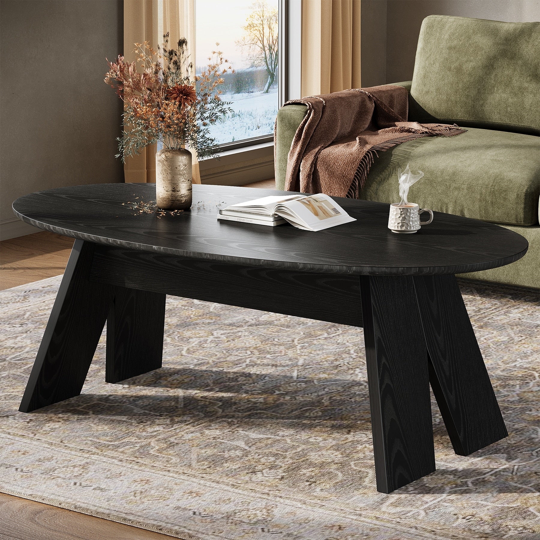 47 Inch Modern Black Oval Coffee Table For Living Room 23.6 D X 47.2 W X 18.11 H
