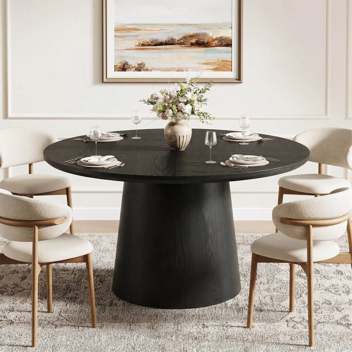 47 Inch Modern Round Dining Table For 4 Sturdy Pedestal Base