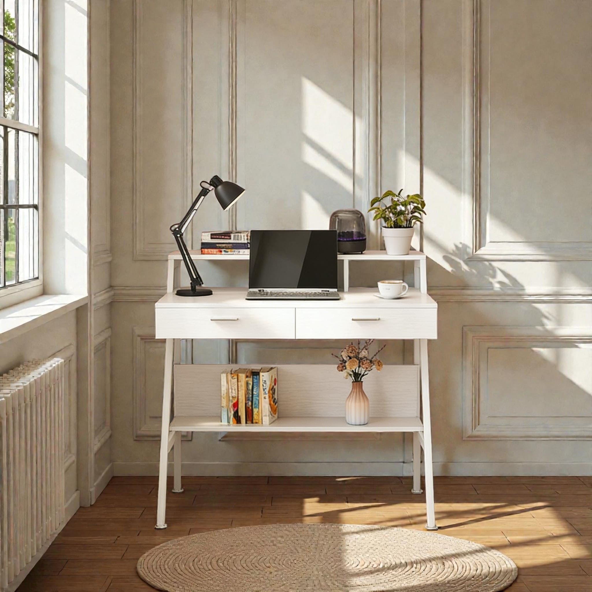 47 Inch Office Desk With Drawers And Storage Shelf Writing Desk With Monitor Riser For Home Office Bedroom