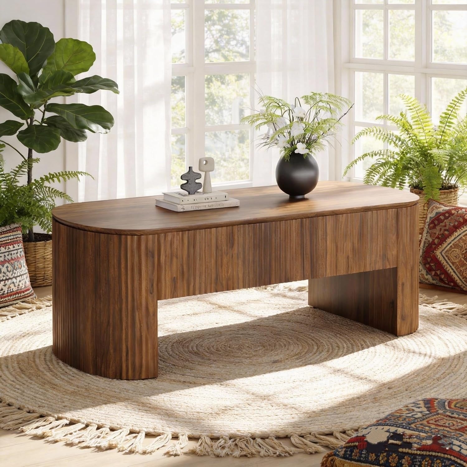 47 Inch Oval Lift Top Coffee Table Mid Century Rustic Center Table With Hidden Storage And 24 Raised Height For Living Room