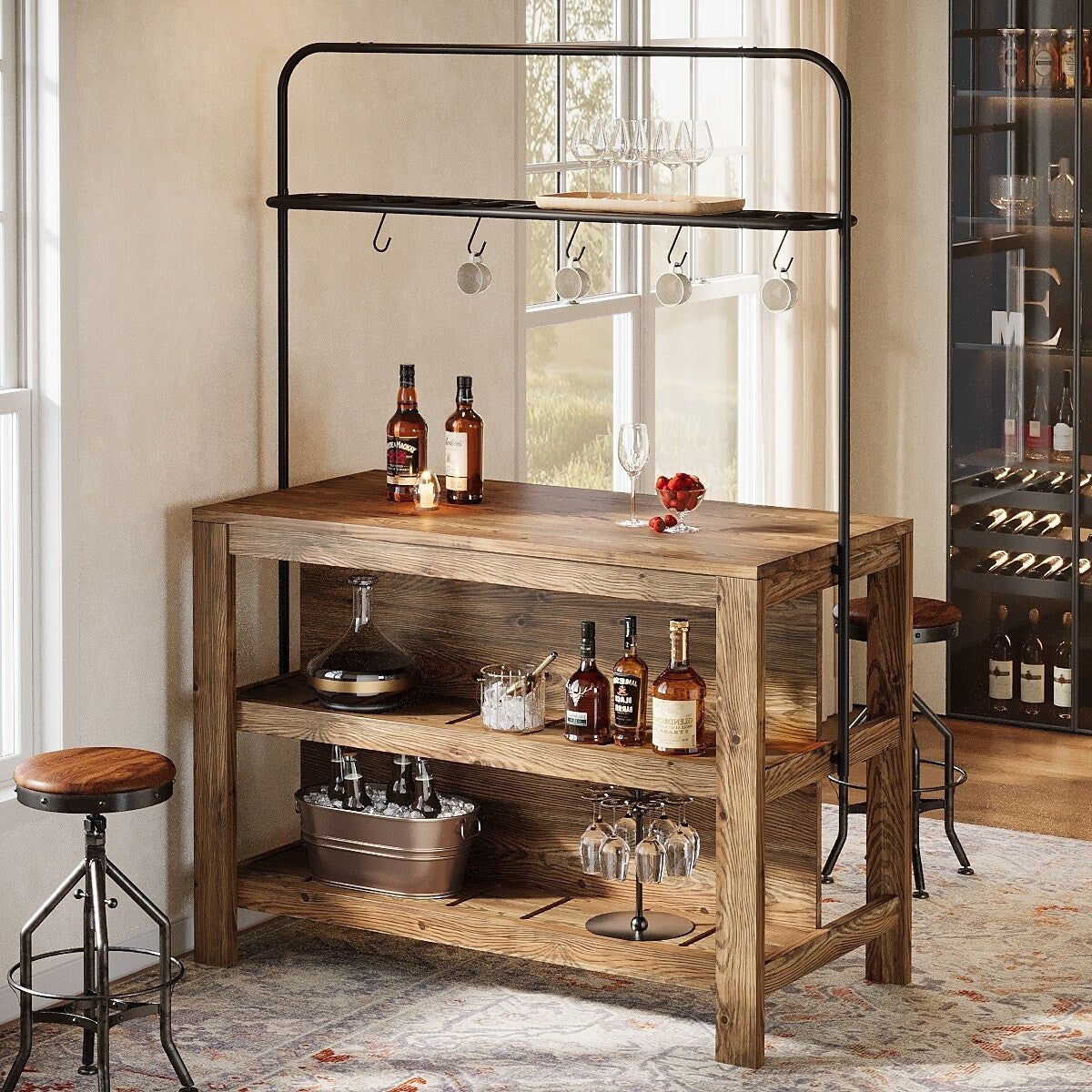 47 Inch Solid Wood Bar Table Home Bar Unit With Storage And 5 Hooks 23.62 D X 47.24 W X 70.08 H