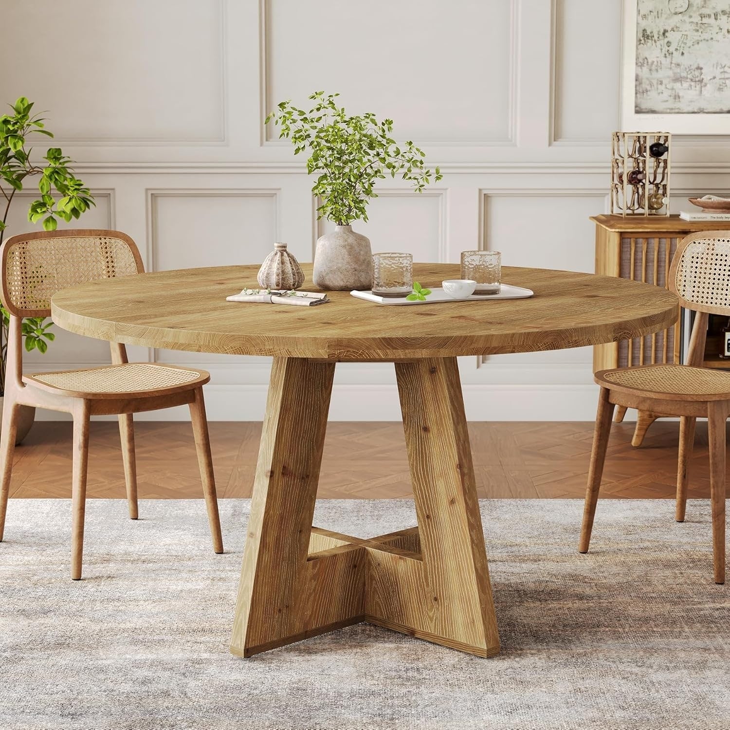 47 Inch Solid Wood Round Dining Table For 6 Circle Dinner Table For Family Gathering Natural Brown