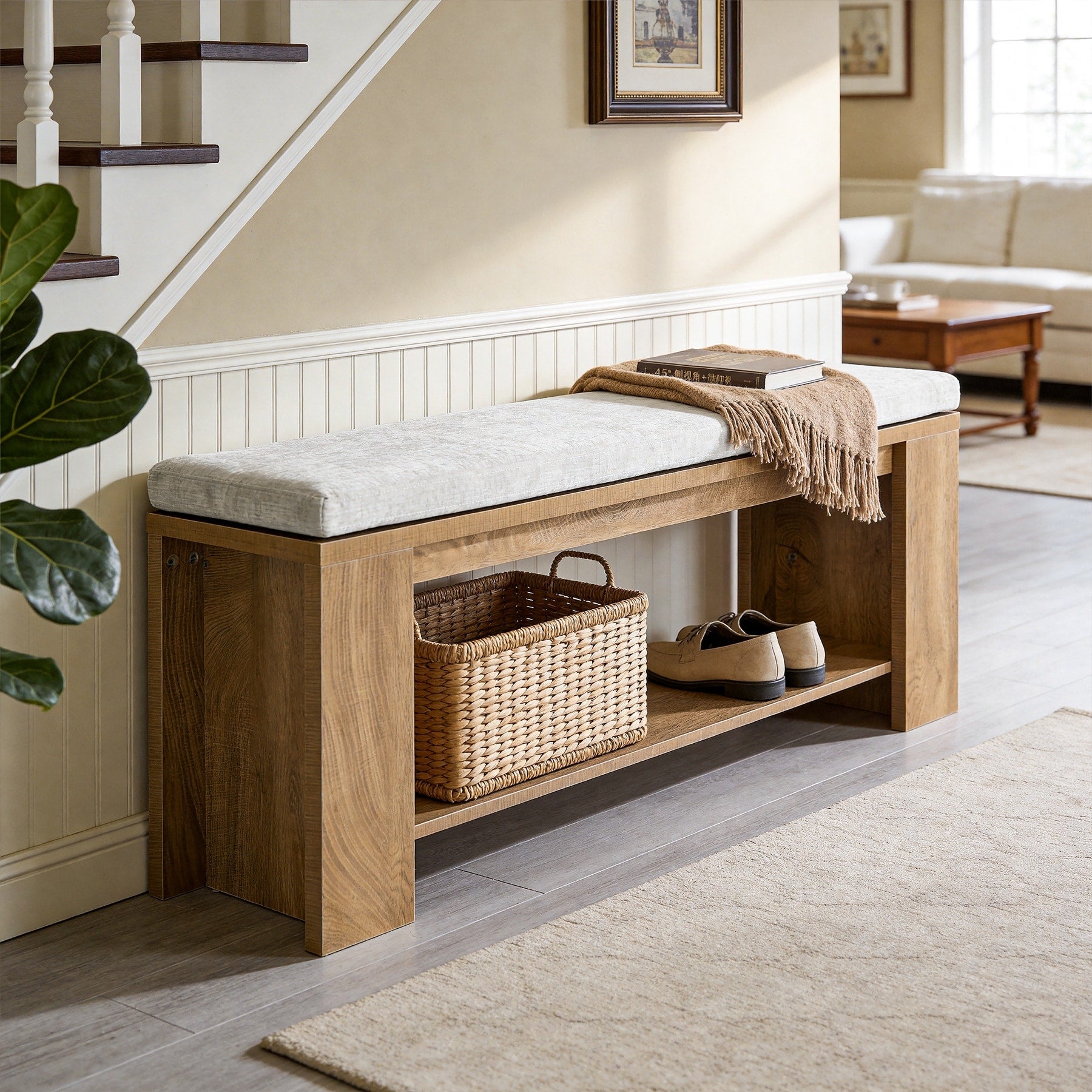 47 Inch Upholstered Bench Wooden End Of Bed Bench With Padded Seat And Mdf Frame