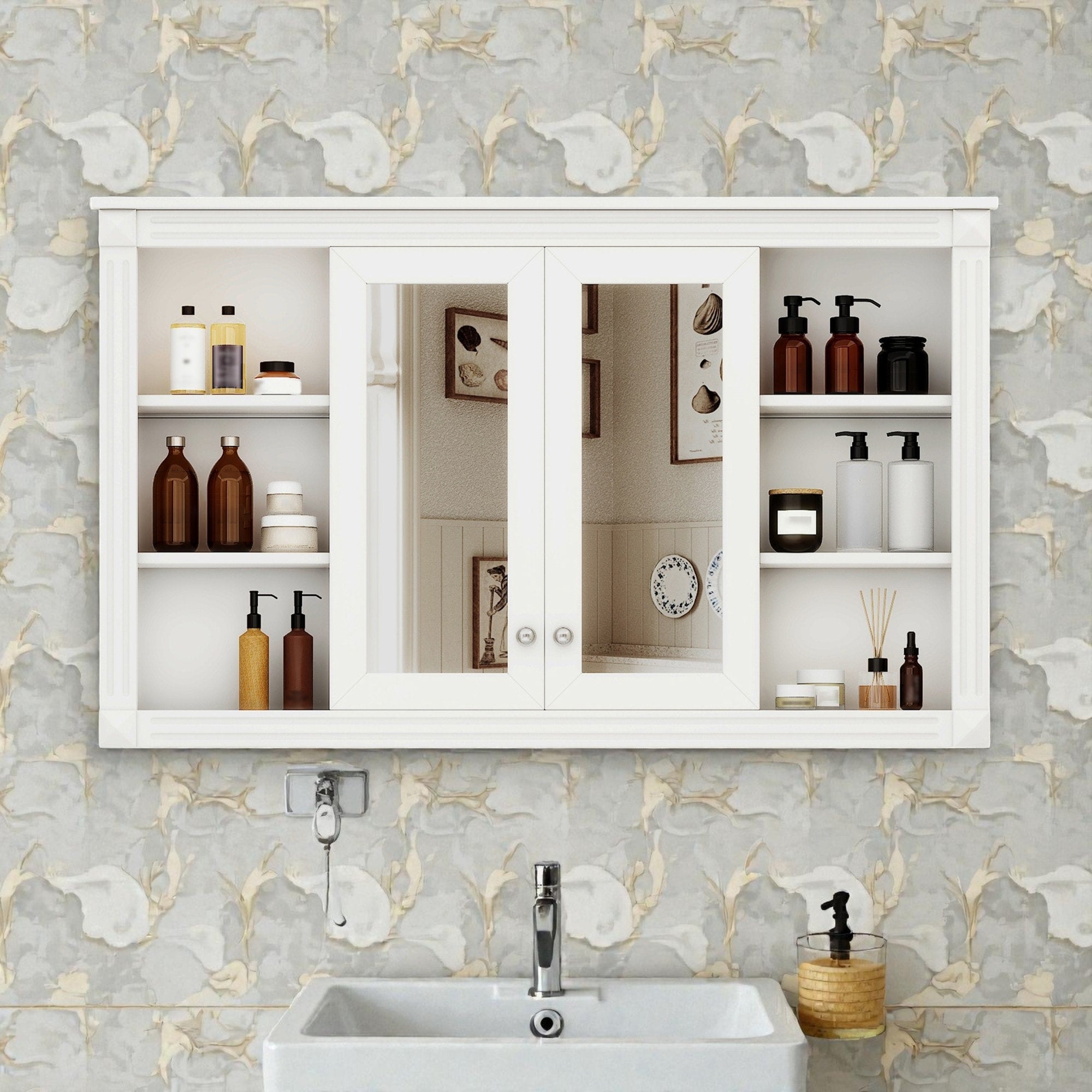 47 Inch Wall Mounted Bathroom Mirror Medicine Cabinet With Storage Adjustable Shelf And Open Shelves