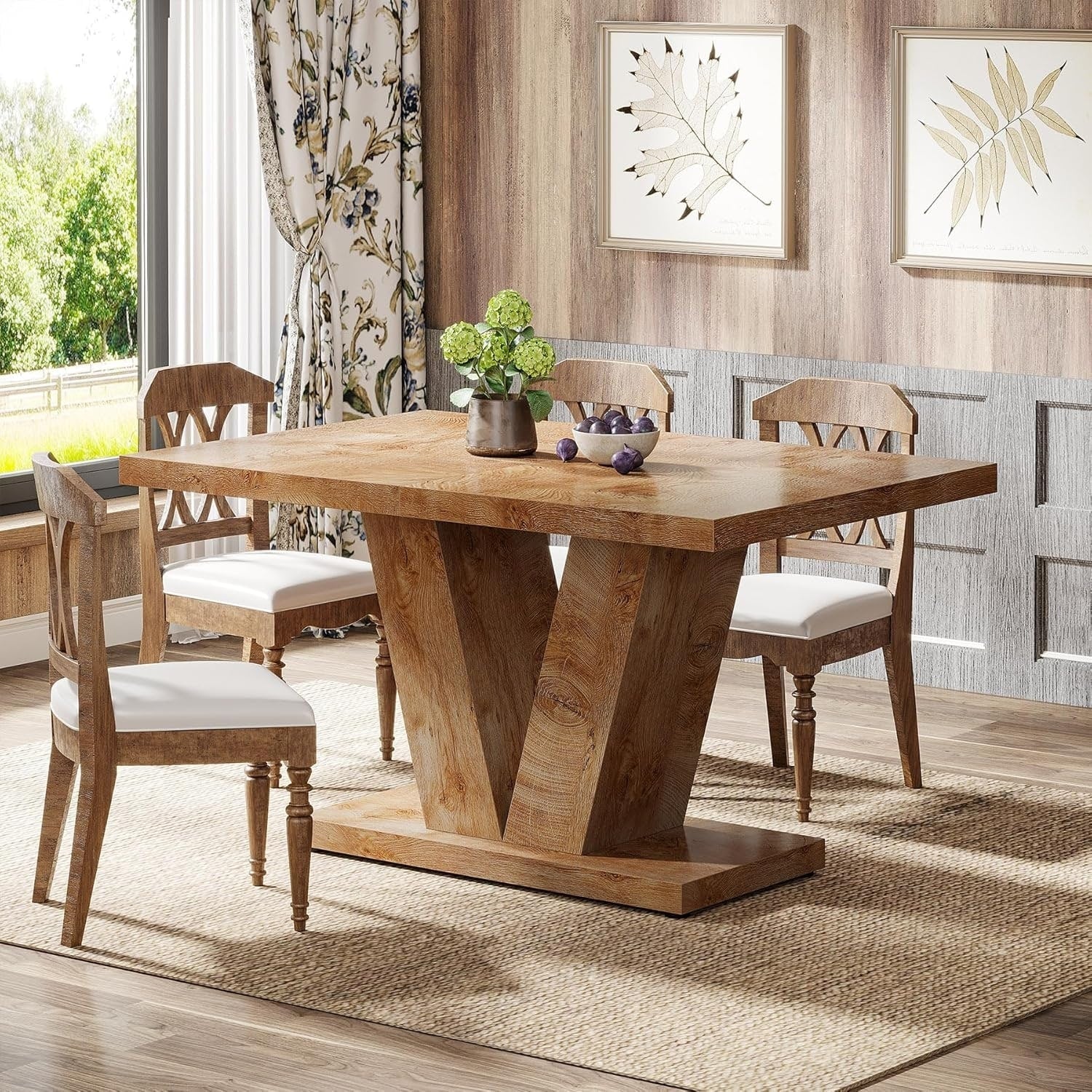 47 Inch Wooden Dining Table With Heavy Duty Pedestal Farmhouse Kitchen Dinner Table For Home
