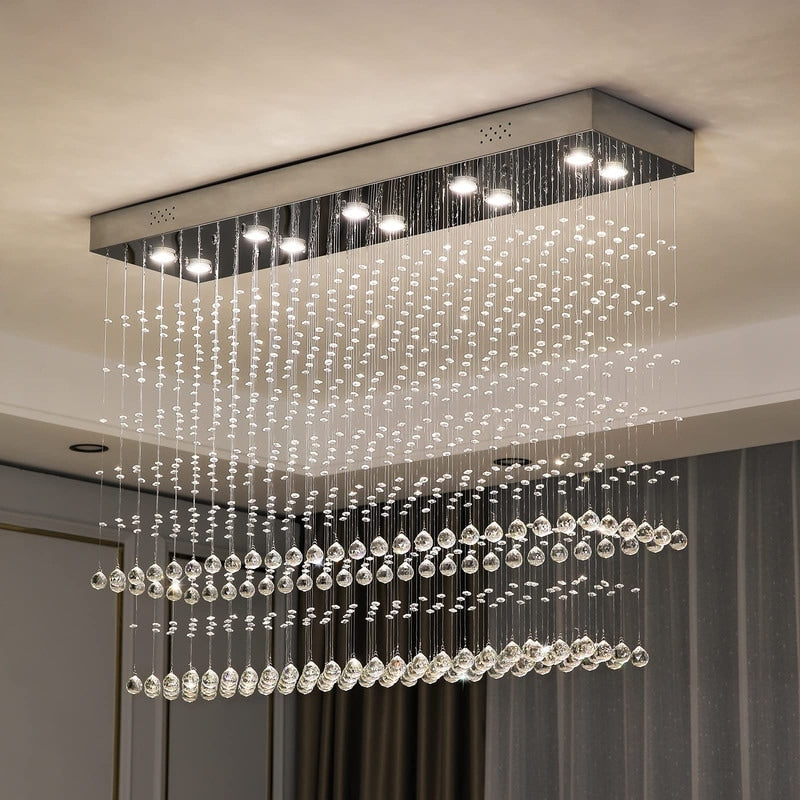 47 In. 10 Light Chrome Modern Raindrop Crystal Chandelier Luxury Rectangular Flush Mount Ceiling Light For Dining Kitchen Island