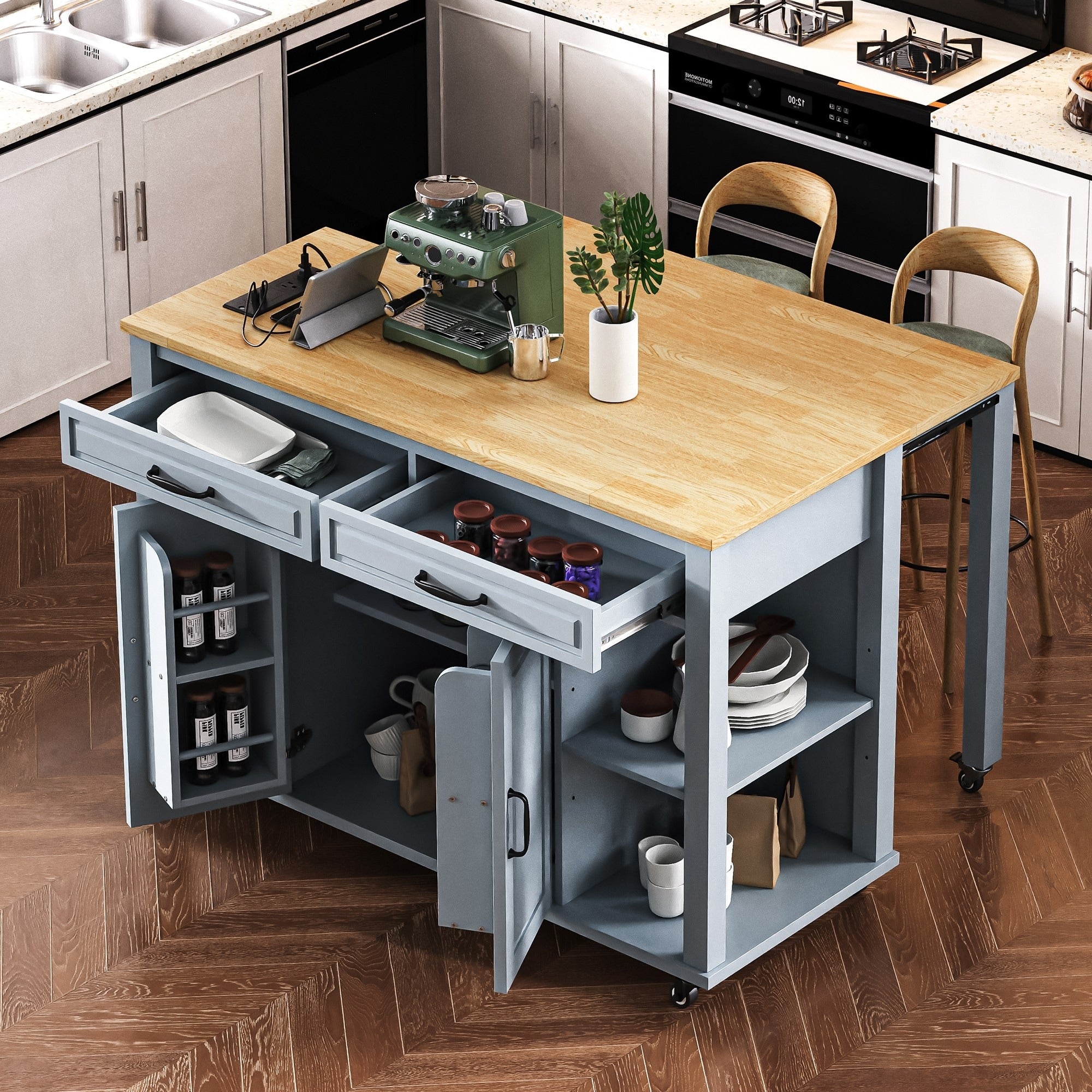 47 Inch Kitchen Island With Extendable Table Kitchen Table With Internal Storage Rack With Storage 2 Drawers 2 Cabinet
