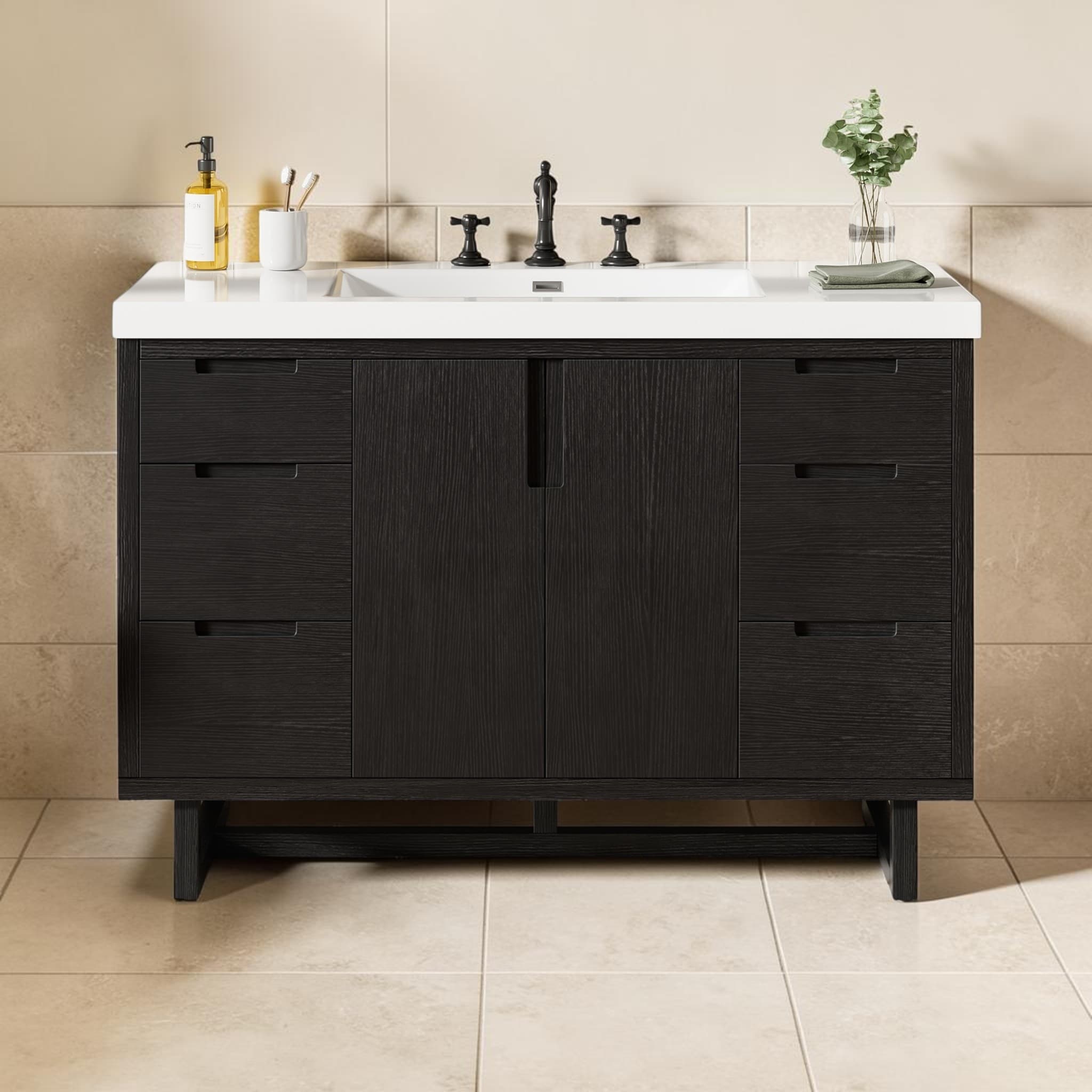 47.2 Inch Modern Bathroom Vanity With Smc Resin Sink 6 Drawers And Soft Close Storage Cabinet
