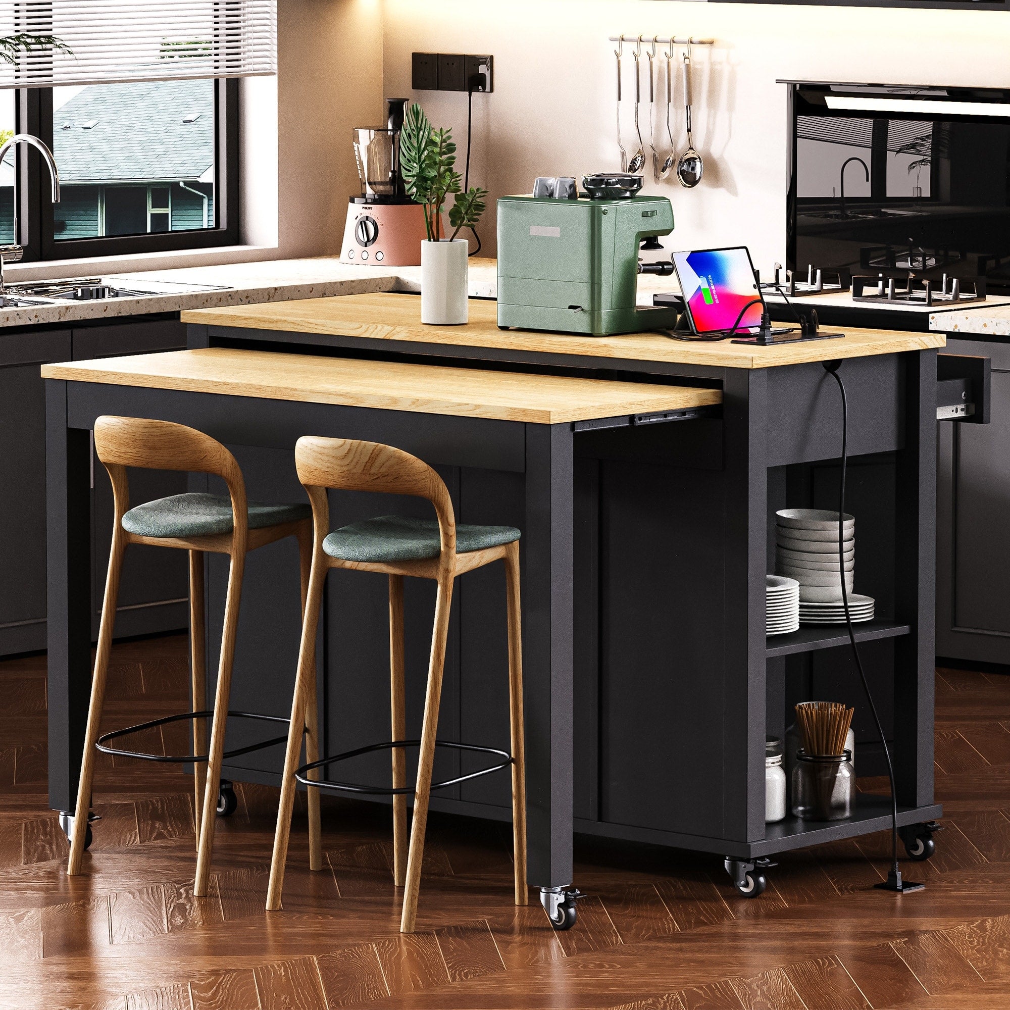47.20 Rubber Wood Kitchen Island With Extendable Dining Table Power Outlet And 2 Drawers 47.2 X 33.5 X 36.75
