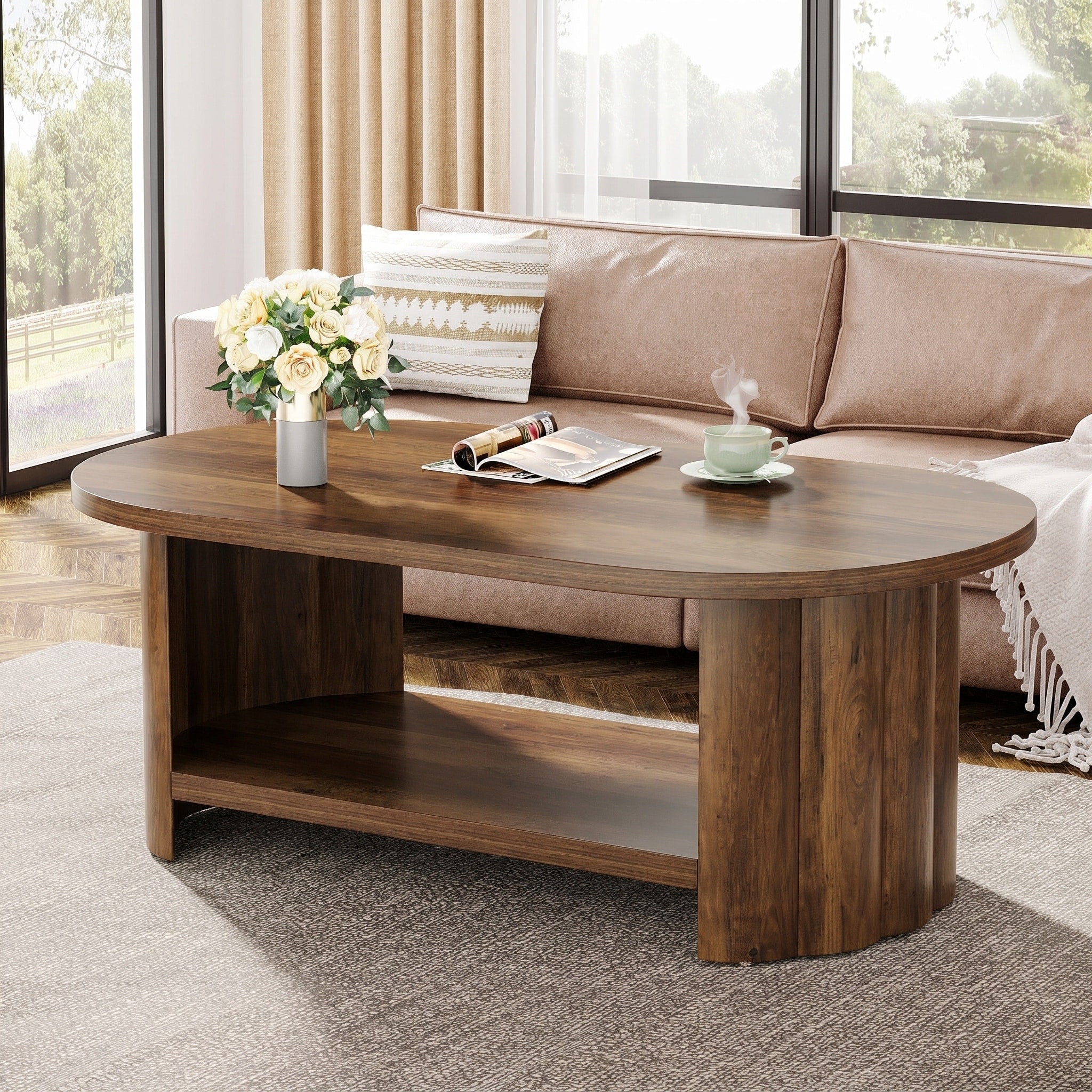 47.24 Inch Farmhouse Coffee Table With 2 Tier Storage Shelf 17.71 H X 47.24 W X 23.62 D