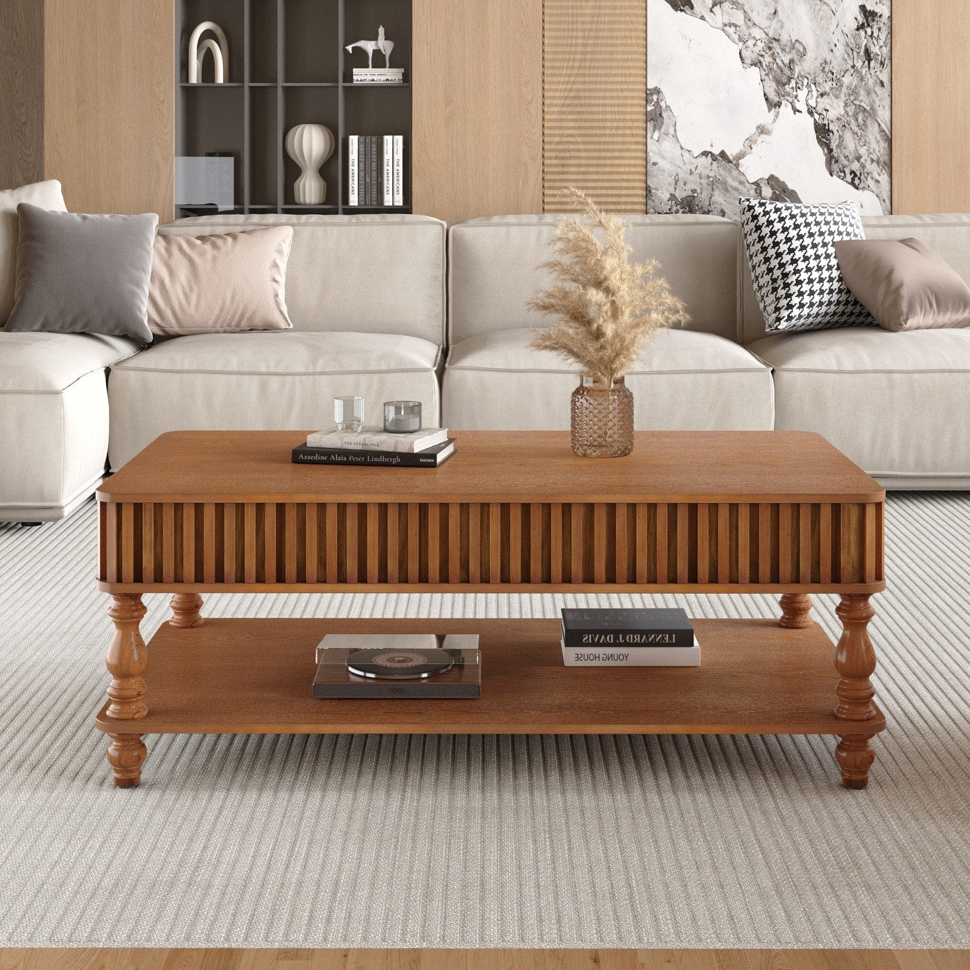 47.24 In Rectangular Fluted Lift Top Coffee Table With Hidden Open Storage