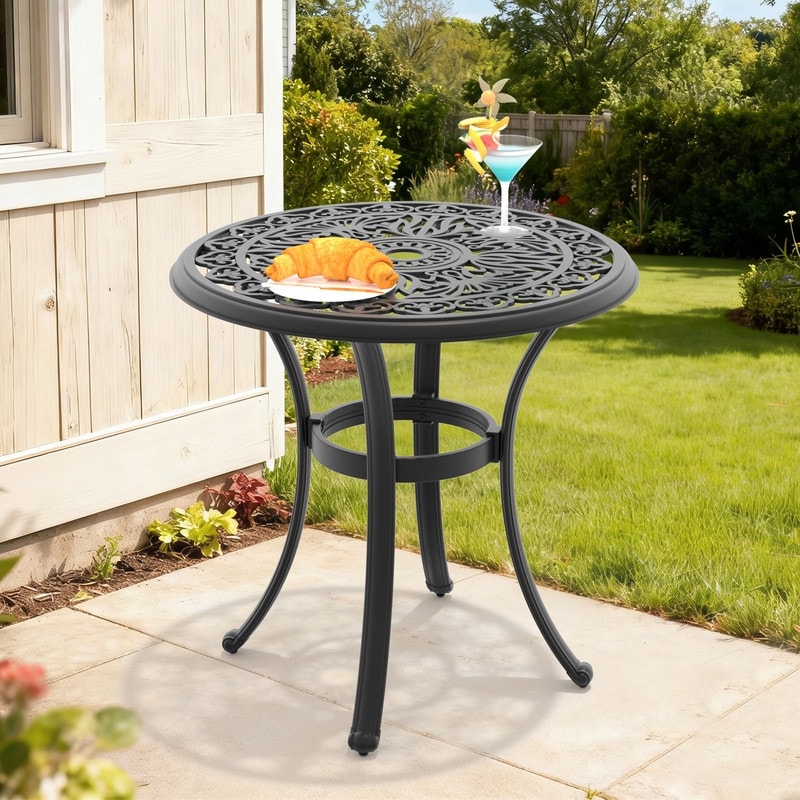 47.24 Inch Black Round Cast Aluminum Patio Table With Umbrella Hole Retro Design