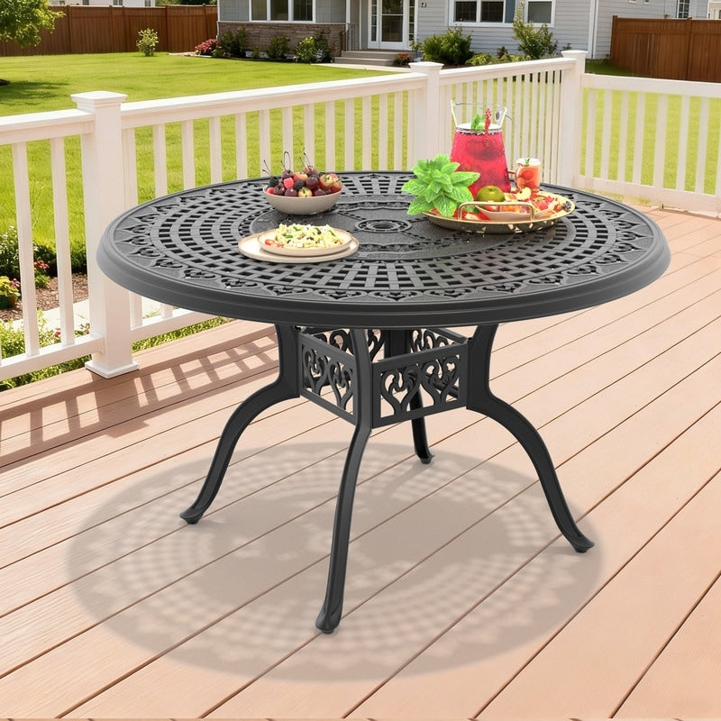 47.24 Inch Black Round Cast Aluminum Patio Table With Umbrella Hole