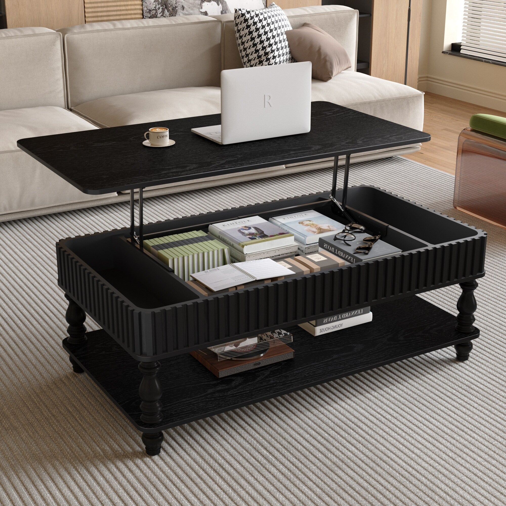 47.24 Lift Top Coffee Table With Storage Solid Wood Construction Modern Design For Small Spaces And Work Tasks