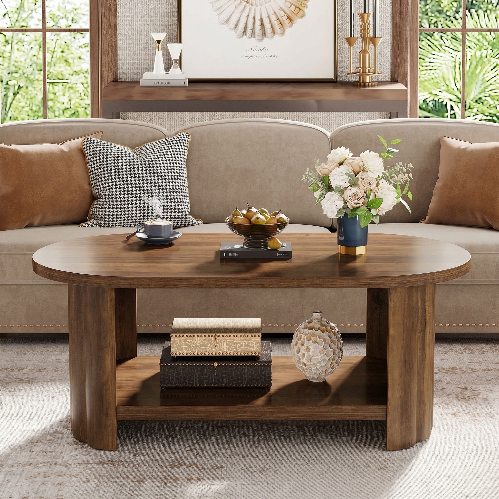 47.24 Oval Wooden Accent Center Tables With Dual Base For Living Room 17.71 H X 47.24 W X 23.62 D