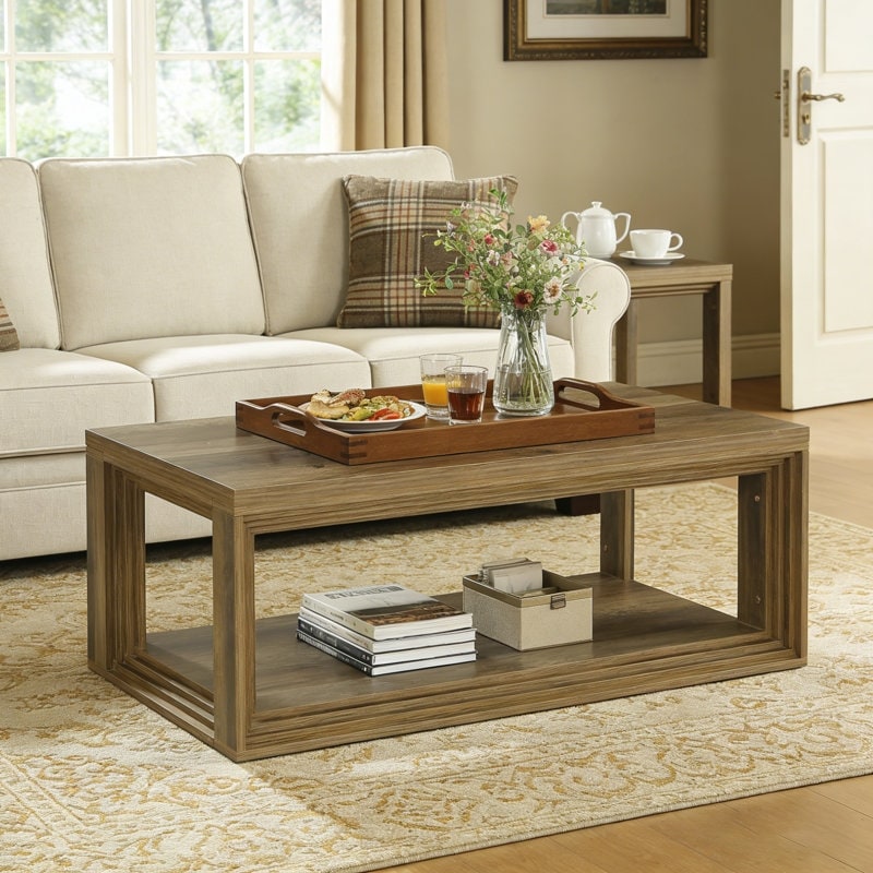 47.24 Rectangular Rustic Coffee Table With Open Storage Shelf