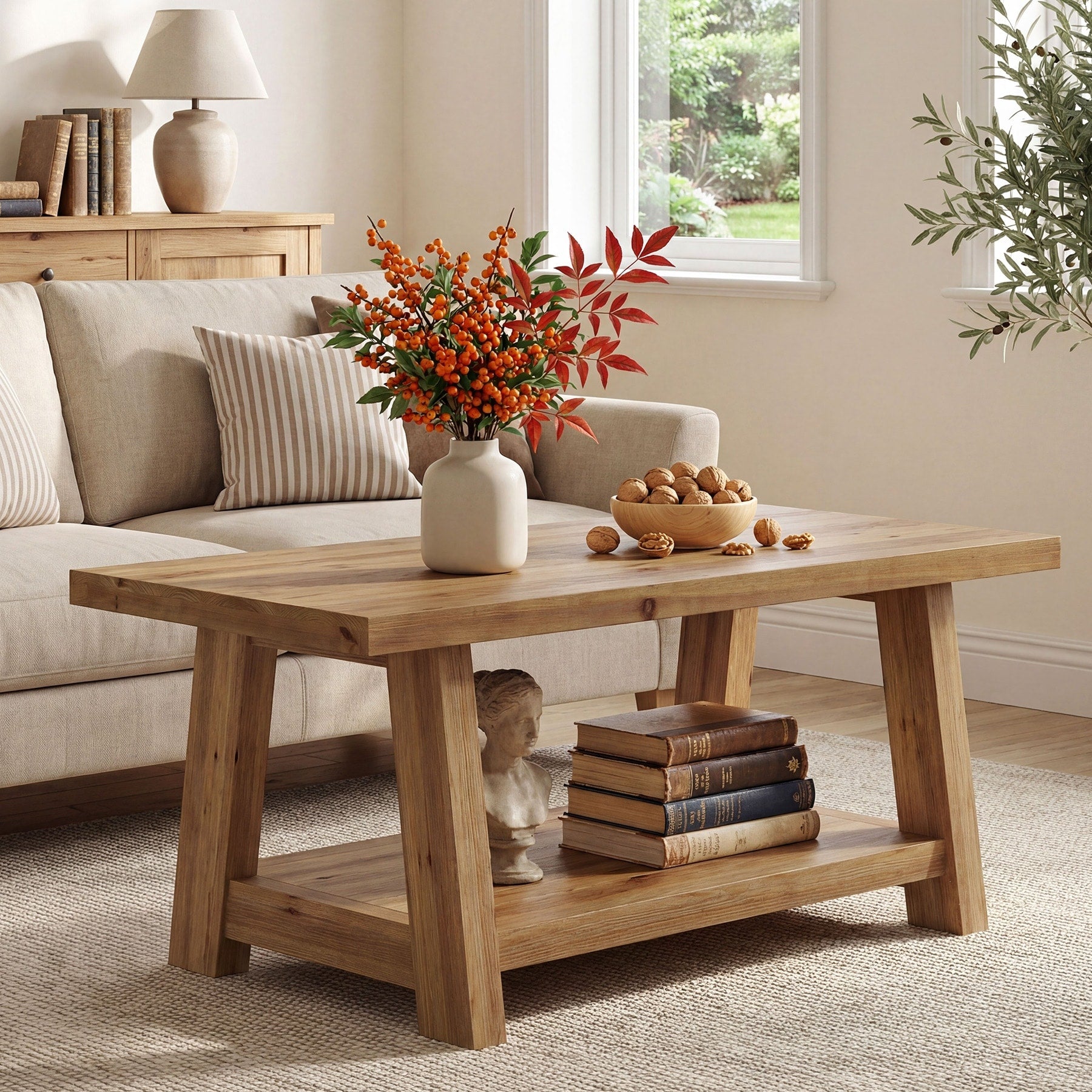 47.24 Solid Wood Coffee Table Rectangle Center Table With Storage Shelf 23.6 D X 47.2 W X 19.7 H