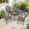 47.24In Round Black Cast Aluminum Outdoor Dining Table 4 Outdoor Chairs With Brown Cushions 5 Piece Set