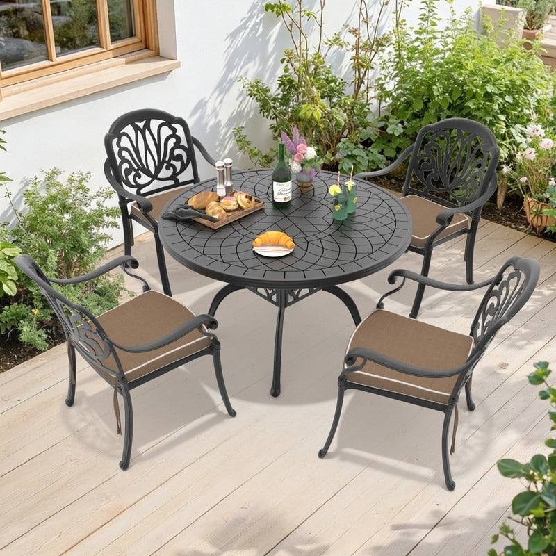 47.24In Round Black Cast Aluminum Outdoor Dining Table 4 Outdoor Chairs With Brown Cushions 5 Piece Set