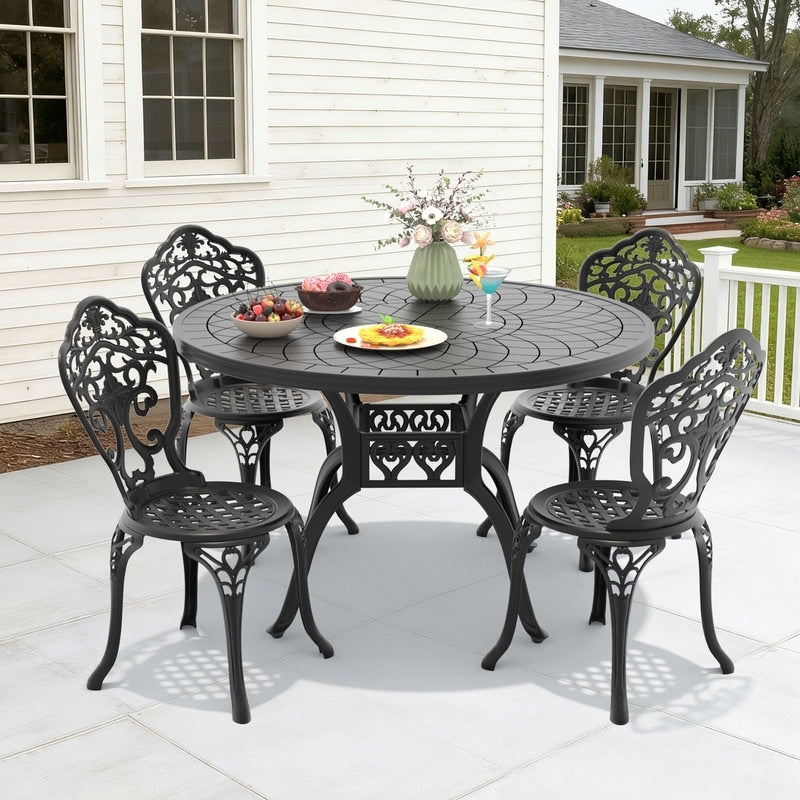47.24In Round Black Cast Aluminum Outdoor Dining Table 4 Outdoor Dining Chairs Without Cushion