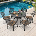 47.24In Round Black Cast Aluminum Outdoor Dining Table 6 Outdoor Chairs With Brown Cushions 7 Piece Set