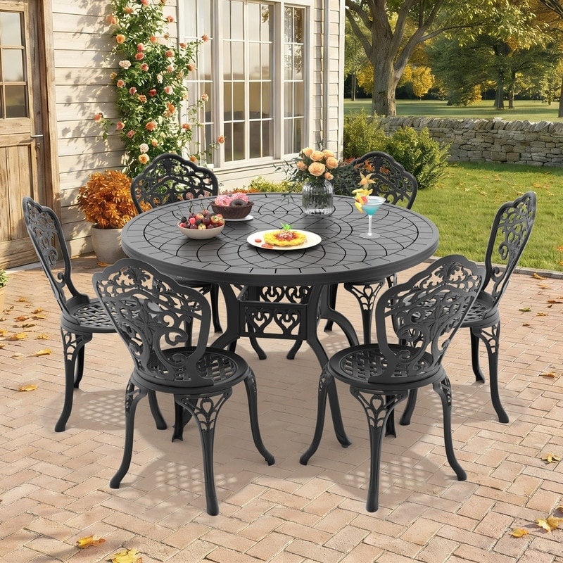 47.24In Round Black Cast Aluminum Outdoor Dining Table 6 Outdoor Dining Chairs Without Cushion