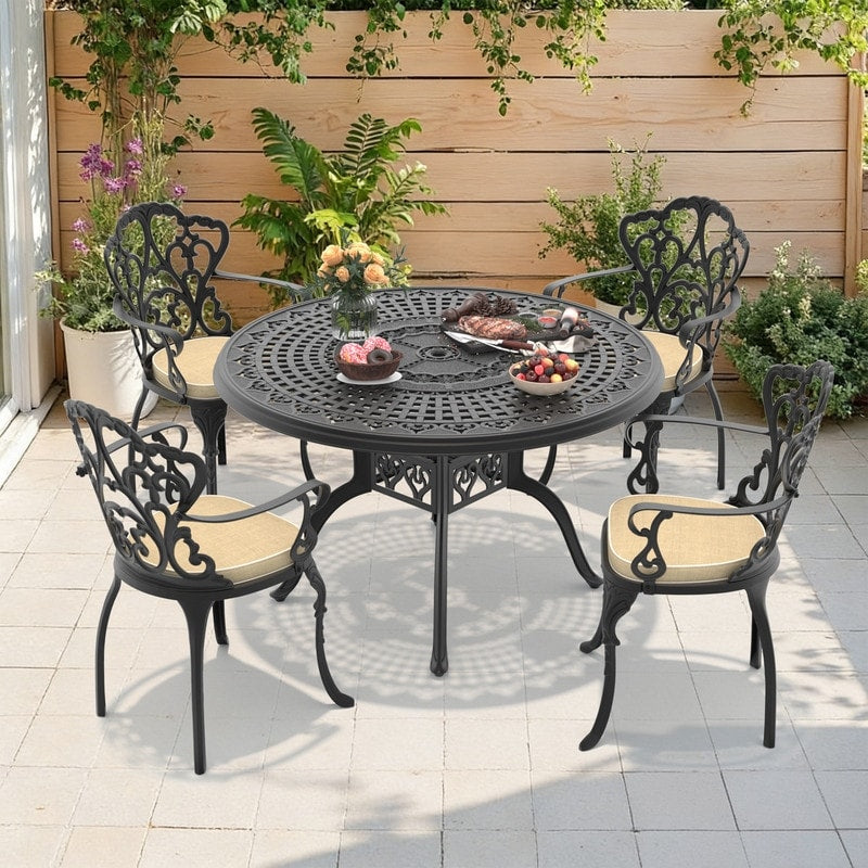 47.24In Round Black Cast Aluminum Outdoor Dining Table With Unbrella Hole 4 Outdoor Chairs With Brown Cushions 5 Piece Set