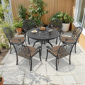 47.24In Round Black Cast Aluminum Outdoor Dining Table With Unbrella Hole 6 Outdoor Chairs With Brown Cushions 7 Piece Set