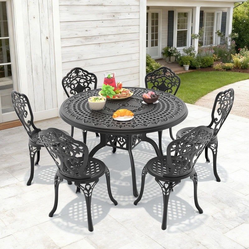 47.24In Round Black Cast Aluminum Outdoor Dining Table With Unbrella Hole 6 Outdoor Dining Chairs Without Cushion