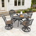 47.24In Round Cast Aluminum Outdoor Dining Table And 4 Swivel Black Frame Outdoor Chairs With Brown Cushions
