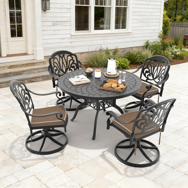 47.24In Round Cast Aluminum Outdoor Dining Table And 4 Swivel Black Frame Outdoor Chairs With Brown Cushions