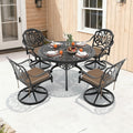 47.24In Round Cast Aluminum Outdoor Dining Table With Unbrella Hole And 4 Swivel Black Frame Outdoor Chairs With Brown Cushions
