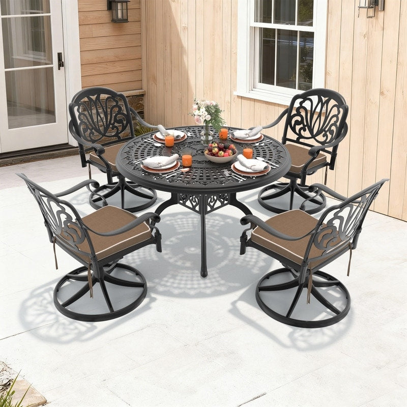 47.24In Round Cast Aluminum Outdoor Dining Table With Unbrella Hole And 4 Swivel Black Frame Outdoor Chairs With Brown Cushions