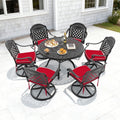 47.24In Round Cast Aluminum Outdoor Dining Table With Unbrella Hole And 6 Swivel Black Frame Outdoor Chairs With Brown Cushions