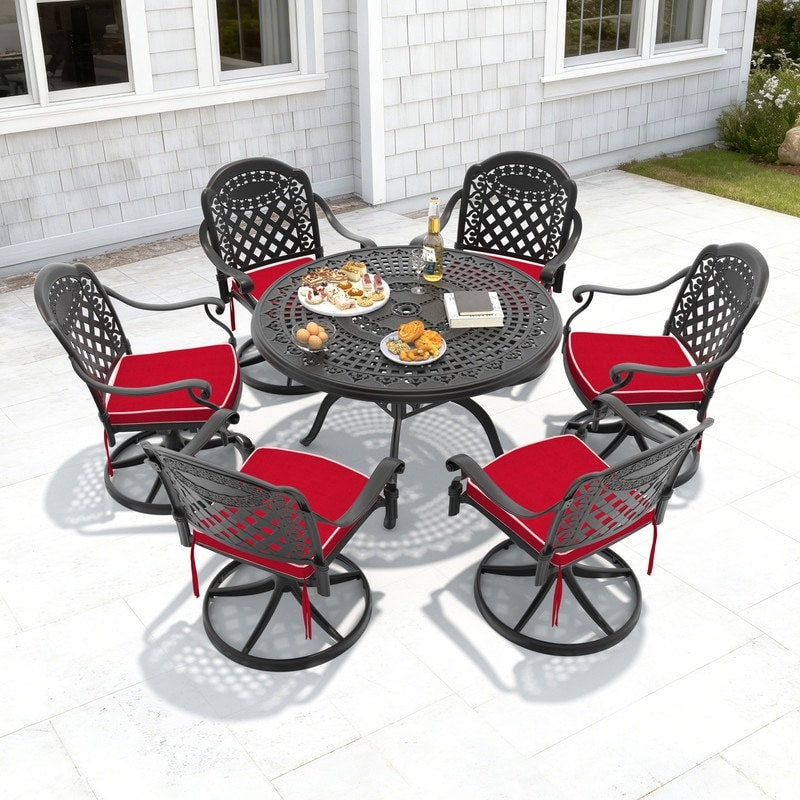 47.24In Round Cast Aluminum Outdoor Dining Table With Unbrella Hole And 6 Swivel Black Frame Outdoor Chairs With Brown Cushions