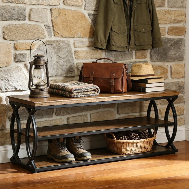 47.27 Industrial Wood Entryway Shoe Storage Bench With Metal Frame